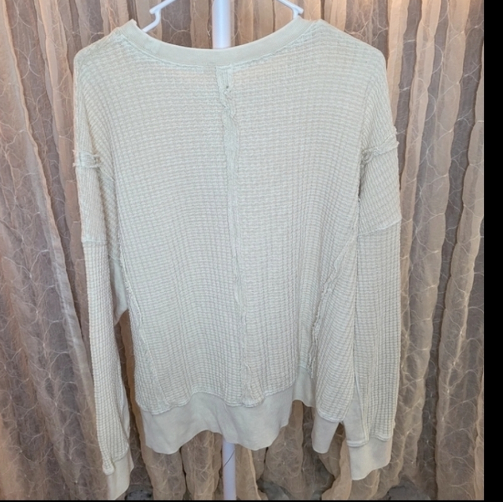 Easel Cream Tan Waffle Knit High Low Raw Distressed Hem Sweater Boutique - Picture 3 of 5